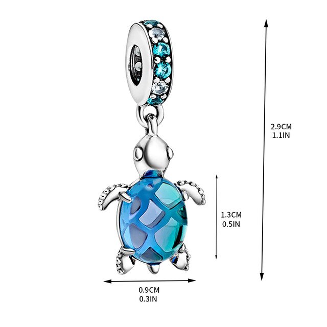 Bransoletka Pandora Charms z oryginalnym, srebrnym wisiorkiem, zdobiona niebieskim szkłem Murano, przedstawiająca żółwia morskiego - biżuteria DIY dla kobiet - Wianko - 11