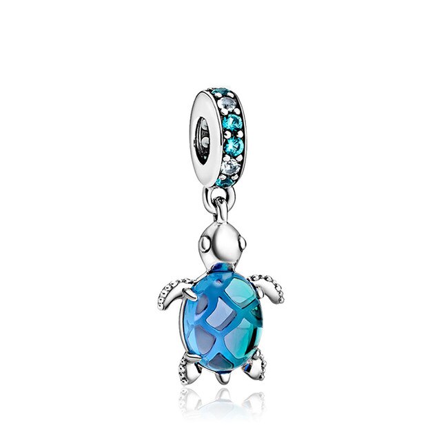 Bransoletka Pandora Charms z oryginalnym, srebrnym wisiorkiem, zdobiona niebieskim szkłem Murano, przedstawiająca żółwia morskiego - biżuteria DIY dla kobiet - Wianko - 3