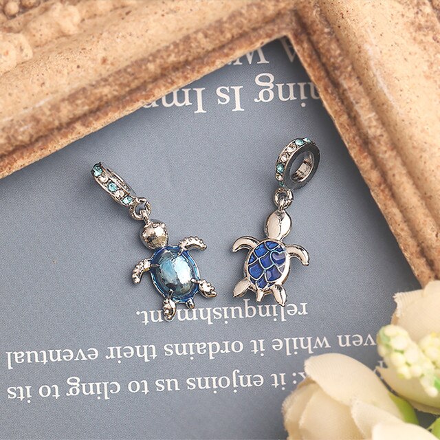 Bransoletka Pandora Charms z oryginalnym, srebrnym wisiorkiem, zdobiona niebieskim szkłem Murano, przedstawiająca żółwia morskiego - biżuteria DIY dla kobiet - Wianko - 8