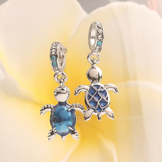 Bransoletka Pandora Charms z oryginalnym, srebrnym wisiorkiem, zdobiona niebieskim szkłem Murano, przedstawiająca żółwia morskiego - biżuteria DIY dla kobiet - Wianko - 4