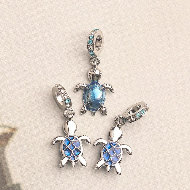 Bransoletka Pandora Charms z oryginalnym, srebrnym wisiorkiem, zdobiona niebieskim szkłem Murano, przedstawiająca żółwia morskiego - biżuteria DIY dla kobiet - Wianko - 9