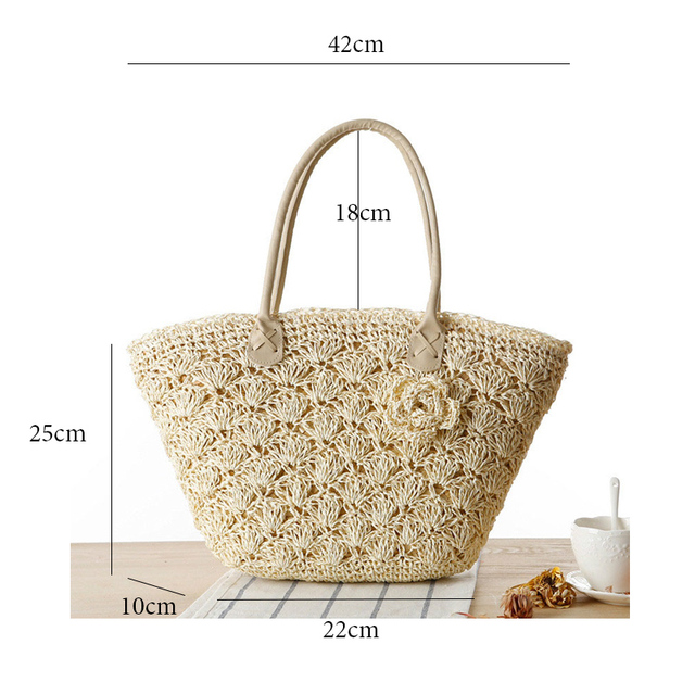 Nowa torba słomiana dla kobiet - ręcznie tkana, letnia torebka ratanowa z uchwytem na plażę, zdobiona kwiatowym motywem - Wianko - 11