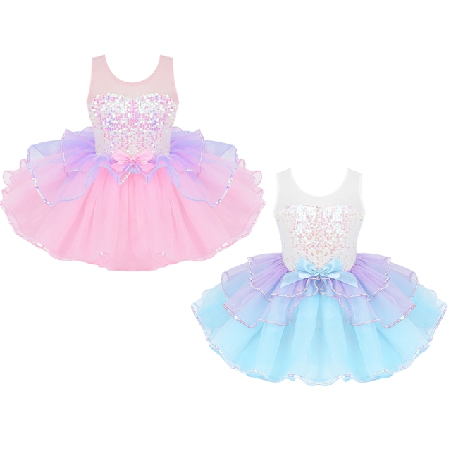 Sukienka baletowa dla dziewczynek 2021 z cekinami, siatkowym warkoczem i kokardką na talii - Wianko - 1