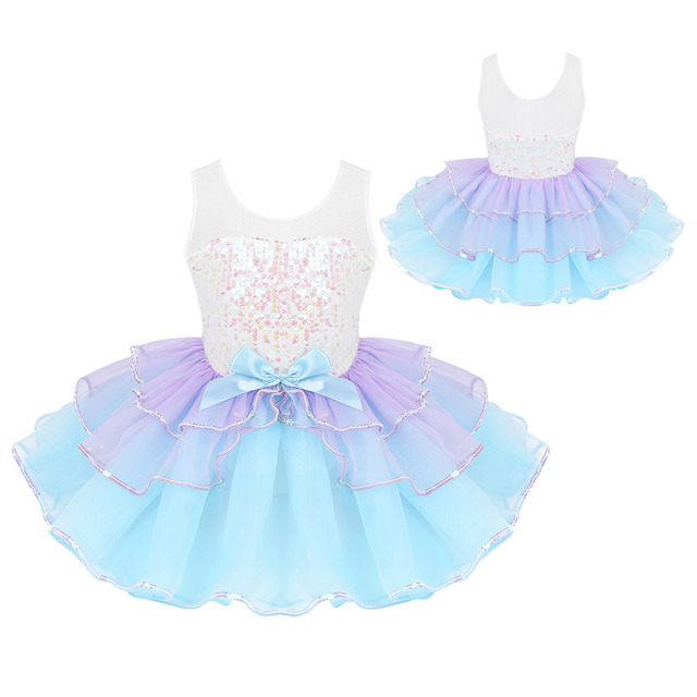 Sukienka baletowa dla dziewczynek 2021 z cekinami, siatkowym warkoczem i kokardką na talii - Wianko - 2
