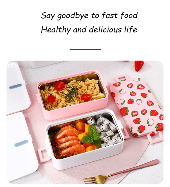 Pudełko Lunchbox ze stali nierdzewnej, różowe, izolowane, pojemnik Bento, do pracy, szkoły i pikników - Wianko - 4