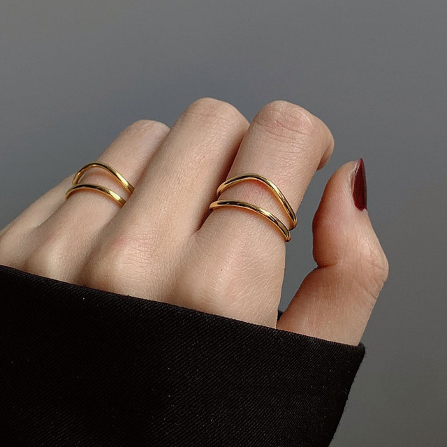 Podwójny pierścionek damski z regulacją, linie w złotym kolorze, wykonany z 925 srebra - Evimi - Wianko - 4