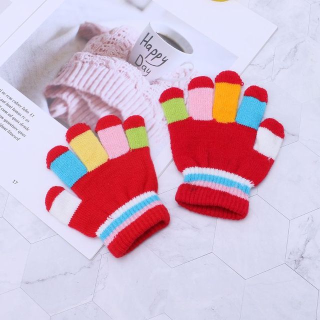 Dziecięce rękawiczki pełne palców, ciepłe i elastyczne, z kolorowymi paskami - Wianko - 6
