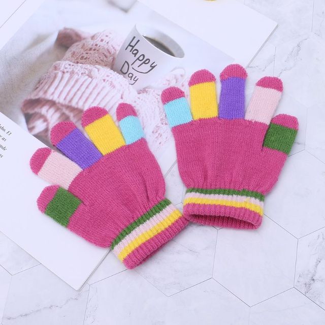 Dziecięce rękawiczki pełne palców, ciepłe i elastyczne, z kolorowymi paskami - Wianko - 8
