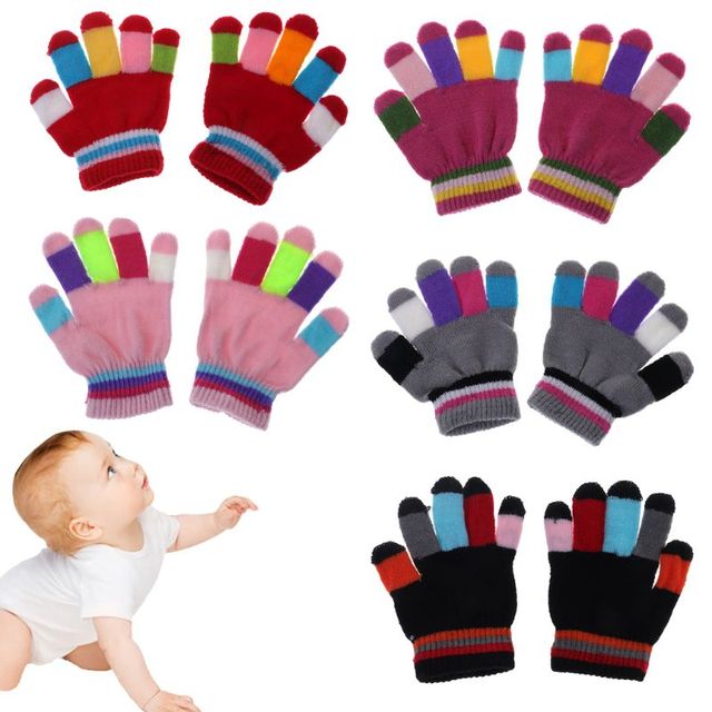 Dziecięce rękawiczki pełne palców, ciepłe i elastyczne, z kolorowymi paskami - Wianko - 1