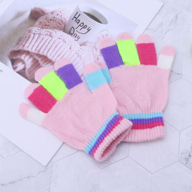 Dziecięce rękawiczki pełne palców, ciepłe i elastyczne, z kolorowymi paskami - Wianko - 7