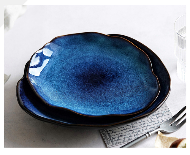 Ceramiczny talerz sałatkowy LUOKING z niebieską glazurą ceramiki - naczynie do żywności i przybory kuchenne, europejskiego stylu - Wianko - 9