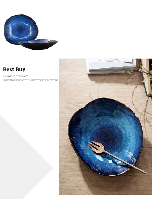 Ceramiczny talerz sałatkowy LUOKING z niebieską glazurą ceramiki - naczynie do żywności i przybory kuchenne, europejskiego stylu - Wianko - 8
