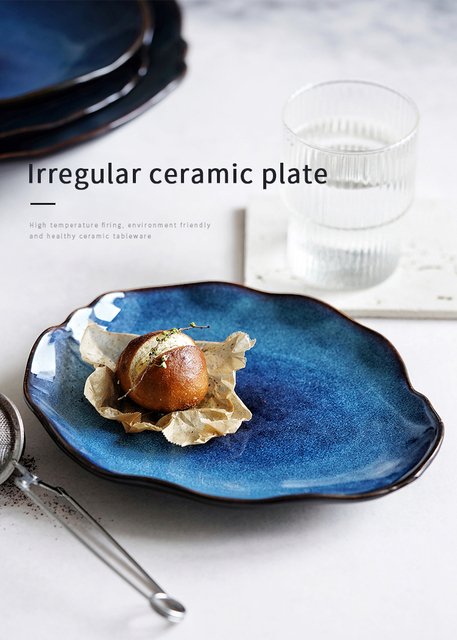 Ceramiczny talerz sałatkowy LUOKING z niebieską glazurą ceramiki - naczynie do żywności i przybory kuchenne, europejskiego stylu - Wianko - 1
