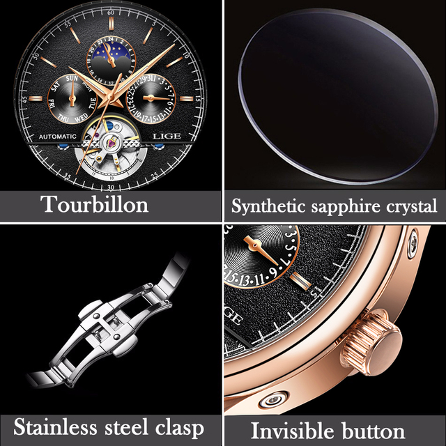 Męski zegarek mechaniczny LIGE Business Tourbillon - automatyczny skórzany, wodoodporny, sportowy - Wianko - 9