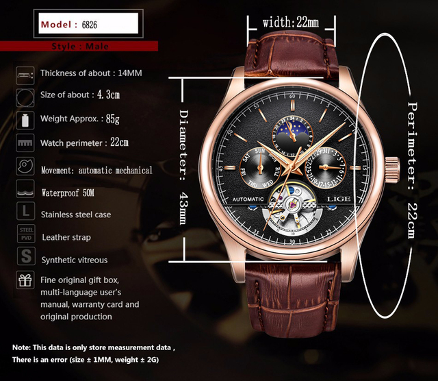 Męski zegarek mechaniczny LIGE Business Tourbillon - automatyczny skórzany, wodoodporny, sportowy - Wianko - 8