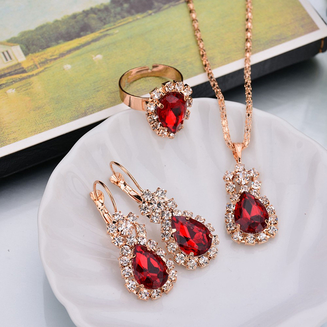 Zestaw 6 kolorowych naszyjników, kolczyków i pierścionków Hoop, biżuteria w kształcie kropli wody, czerwone dżety dla kobiet - Wianko - 6