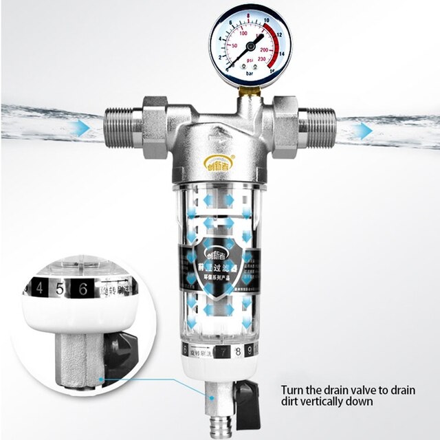 Podwójny filtr wstępny przepływowy o średnicy 1/2 cala i 1 cala do oczyszczania wody w całym domu - duży przepływ 40um z wskaźnikiem ciśnienia - Wianko - 2