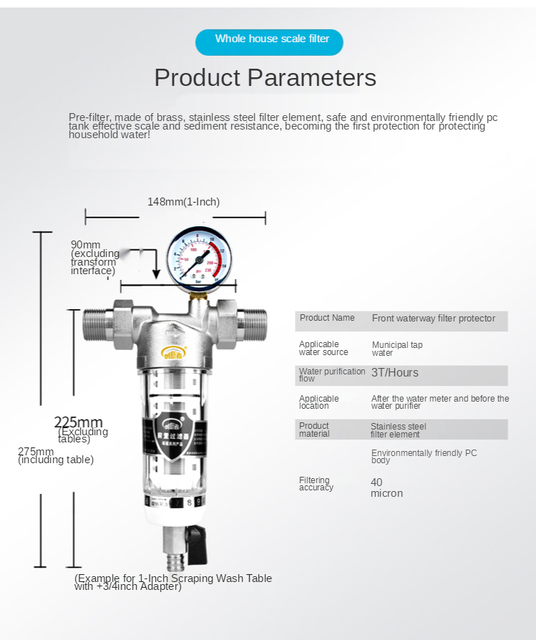 Podwójny filtr wstępny przepływowy o średnicy 1/2 cala i 1 cala do oczyszczania wody w całym domu - duży przepływ 40um z wskaźnikiem ciśnienia - Wianko - 3