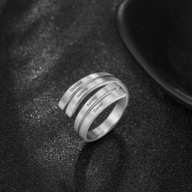 Personalizowany elegancki pierścionek z regulowanym rozmiarem i wygrawerowanymi 4 nazwami - biżuteria ze stali nierdzewnej dla kobiet - Wianko - 2