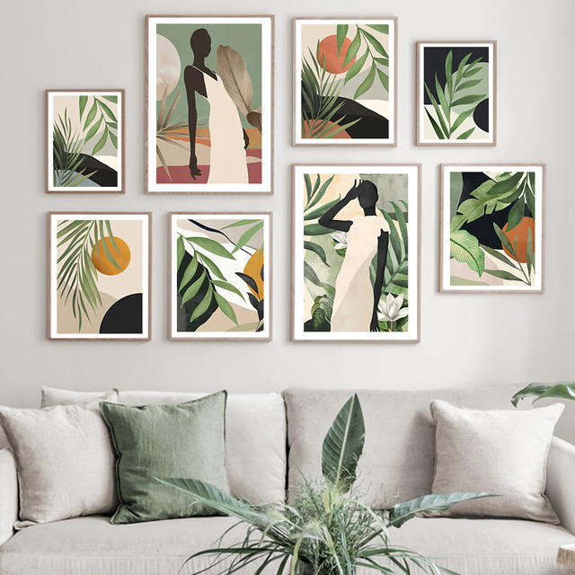 Malarstwo na płótnie z czarnym boho motywem dziewczyny i zielenią kaktusa oraz liściem palmowym do dekoracji salonu - Wianko - 4