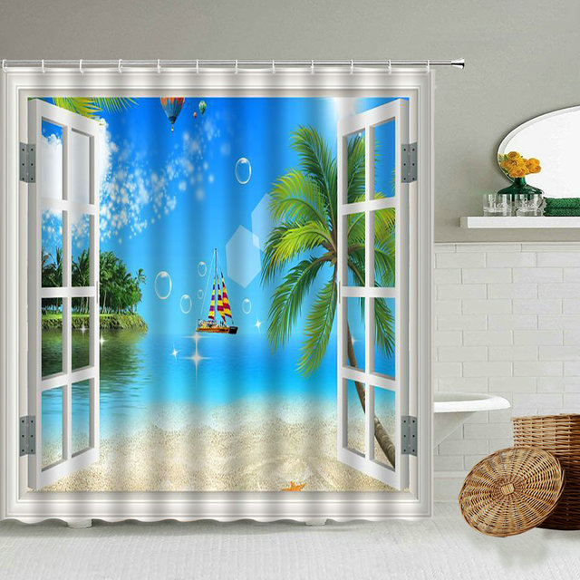 Zasłona prysznicowa z widokiem na morze i plażę, wodoodporna, wakacyjny motyw, niebieski Ocean, fotografia, ekran - Wianko - 4