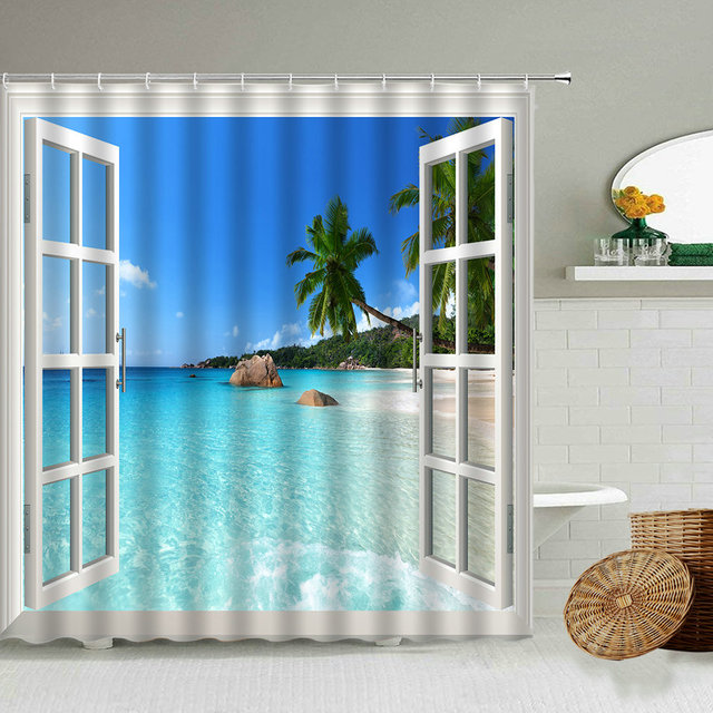Zasłona prysznicowa z widokiem na morze i plażę, wodoodporna, wakacyjny motyw, niebieski Ocean, fotografia, ekran - Wianko - 2