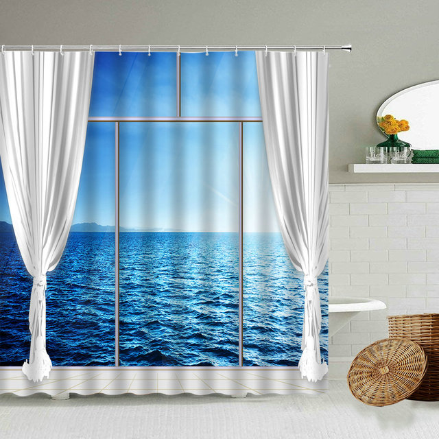 Zasłona prysznicowa z widokiem na morze i plażę, wodoodporna, wakacyjny motyw, niebieski Ocean, fotografia, ekran - Wianko - 10