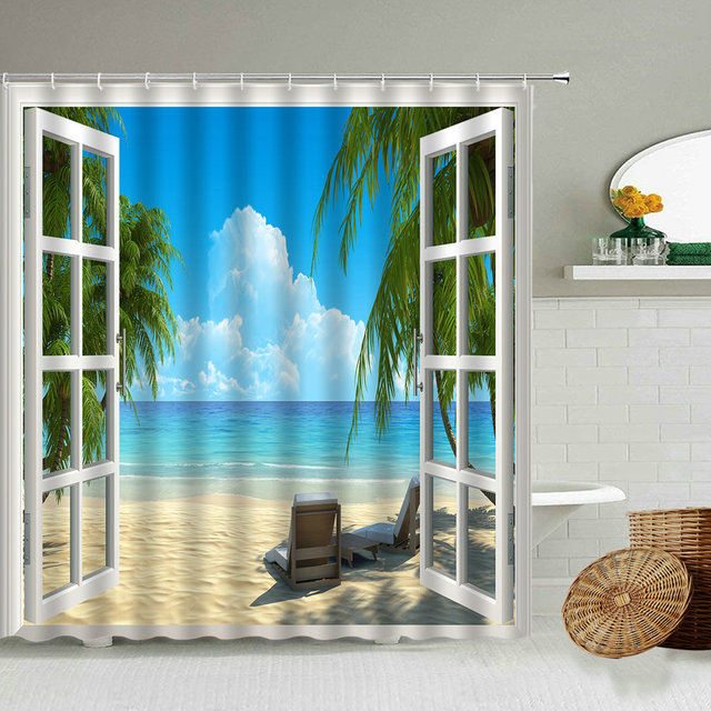 Zasłona prysznicowa z widokiem na morze i plażę, wodoodporna, wakacyjny motyw, niebieski Ocean, fotografia, ekran - Wianko - 8