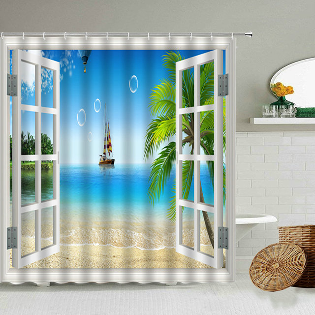Zasłona prysznicowa z widokiem na morze i plażę, wodoodporna, wakacyjny motyw, niebieski Ocean, fotografia, ekran - Wianko - 6