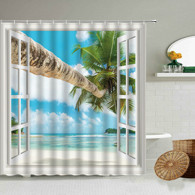 Zasłona prysznicowa z widokiem na morze i plażę, wodoodporna, wakacyjny motyw, niebieski Ocean, fotografia, ekran - Wianko - 9
