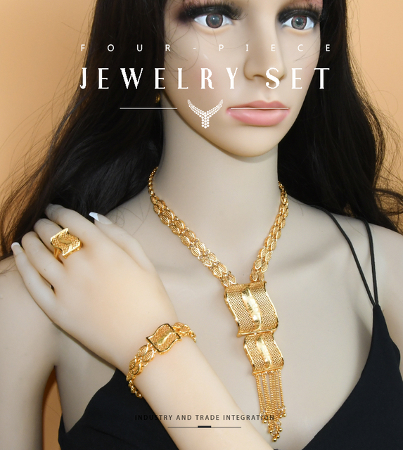 Złoty naszyjnik, pierścionek, bransoletka i kolczyki - zestaw biżuterii ślubnej Aniid złota afrykańska 24K dubaj+ wesele - Wianko - 1