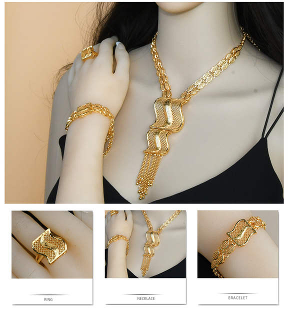 Złoty naszyjnik, pierścionek, bransoletka i kolczyki - zestaw biżuterii ślubnej Aniid złota afrykańska 24K dubaj+ wesele - Wianko - 8