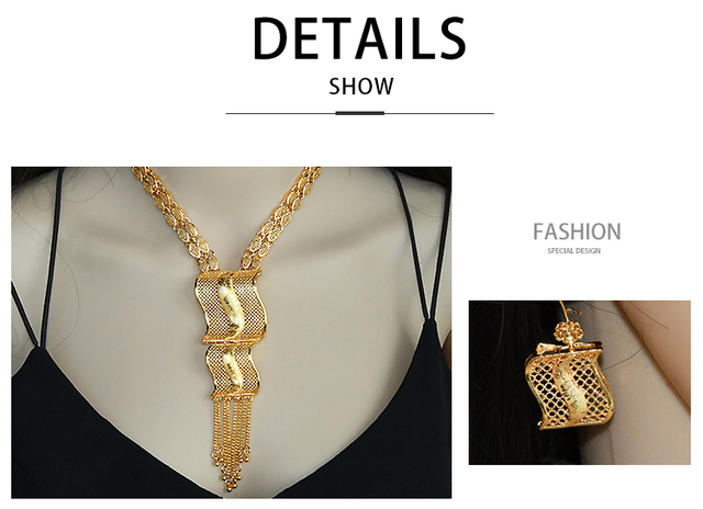 Złoty naszyjnik, pierścionek, bransoletka i kolczyki - zestaw biżuterii ślubnej Aniid złota afrykańska 24K dubaj+ wesele - Wianko - 7