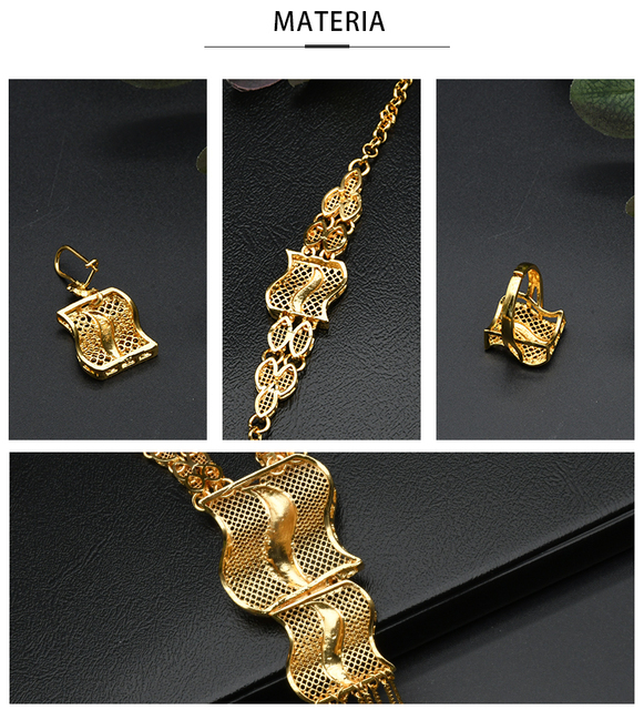 Złoty naszyjnik, pierścionek, bransoletka i kolczyki - zestaw biżuterii ślubnej Aniid złota afrykańska 24K dubaj+ wesele - Wianko - 10