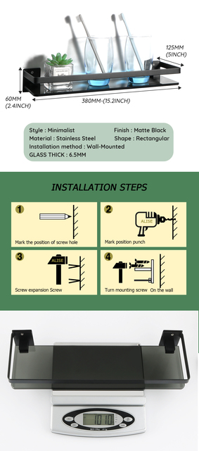 Półka łazienkowa czarne szkło hartowane, SUS 304 stal nierdzewna ścienna półka prysznicowa - Wianko - 3
