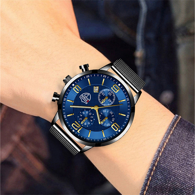 Zegarek męski luksusowy z ultra-cienką siatką ze stali nierdzewnej i paskiem ze skóry - Reloj hombre kwarcowy - Wianko - 2