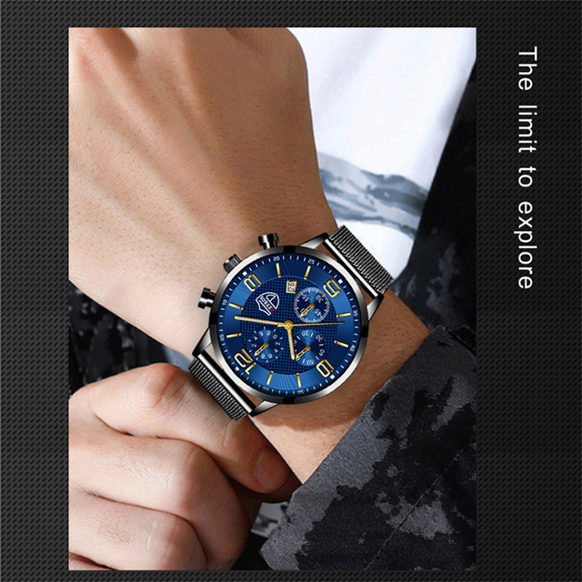 Zegarek męski luksusowy z ultra-cienką siatką ze stali nierdzewnej i paskiem ze skóry - Reloj hombre kwarcowy - Wianko - 9