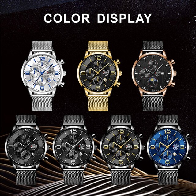 Zegarek męski luksusowy z ultra-cienką siatką ze stali nierdzewnej i paskiem ze skóry - Reloj hombre kwarcowy - Wianko - 5
