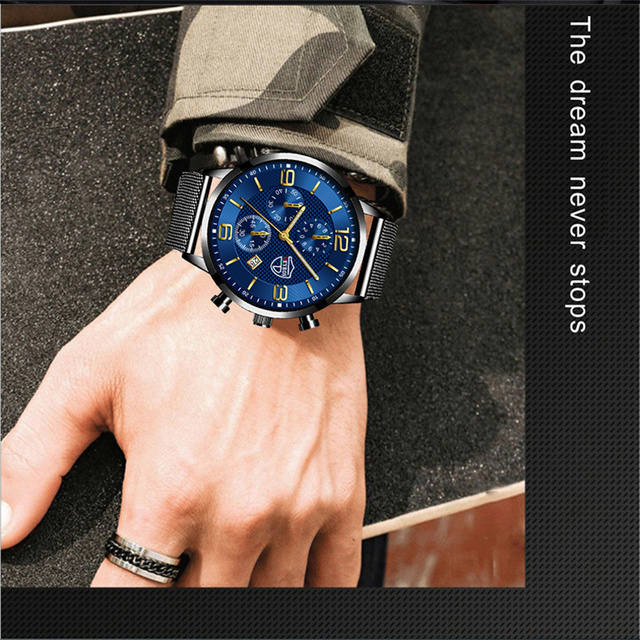 Zegarek męski luksusowy z ultra-cienką siatką ze stali nierdzewnej i paskiem ze skóry - Reloj hombre kwarcowy - Wianko - 10