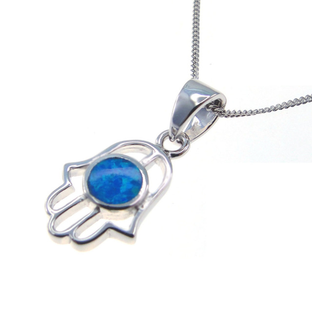 Naszyjnik Hamsa z niebieskim opalem - biżuteria dla kobiet (925 Sterling Silver) - Wianko - 2