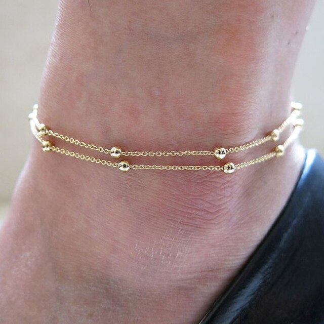 Złoty metalowy podwójny łańcuszek na kostkę - bransoletka dla stóp - biżuteria na plażę lato - Wianko - 1