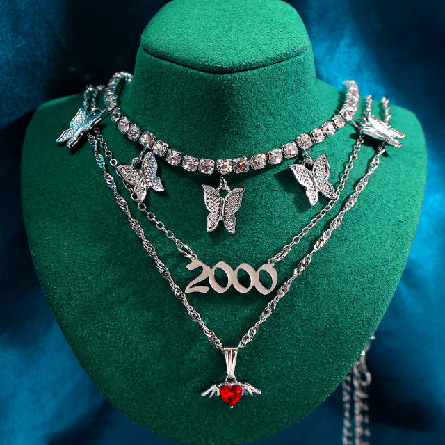 Naszyjnik motyl ze stali nierdzewnej, wielowarstwowy, zdobiony kryształami - Wianko - 20