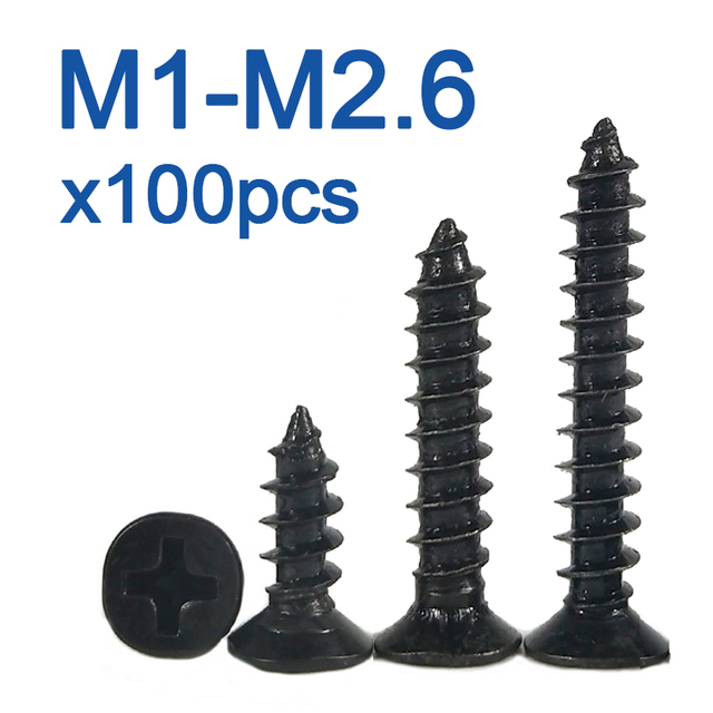 Śruby czarne ze stali węglowej Phillips płaski łeb stożkowy Mini M1.2 - M2.6 - 100 sztuk - Wianko - 2