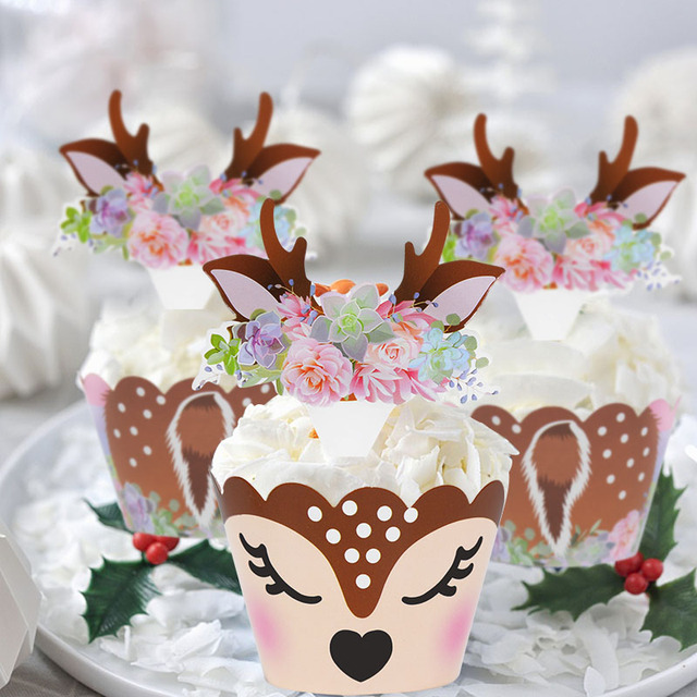 Kreatywna dekoracja na wierzch tortu 2022 - Cute Cartoon Deer Elk Cupcake Wrapper Baby Shower Christmas Party - Wianko - 11