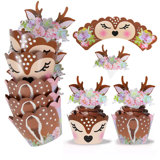 Kreatywna dekoracja na wierzch tortu 2022 - Cute Cartoon Deer Elk Cupcake Wrapper Baby Shower Christmas Party - Wianko - 3