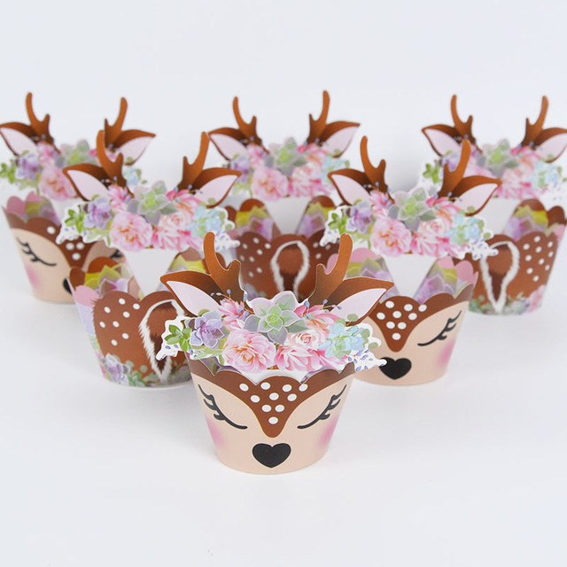 Kreatywna dekoracja na wierzch tortu 2022 - Cute Cartoon Deer Elk Cupcake Wrapper Baby Shower Christmas Party - Wianko - 10