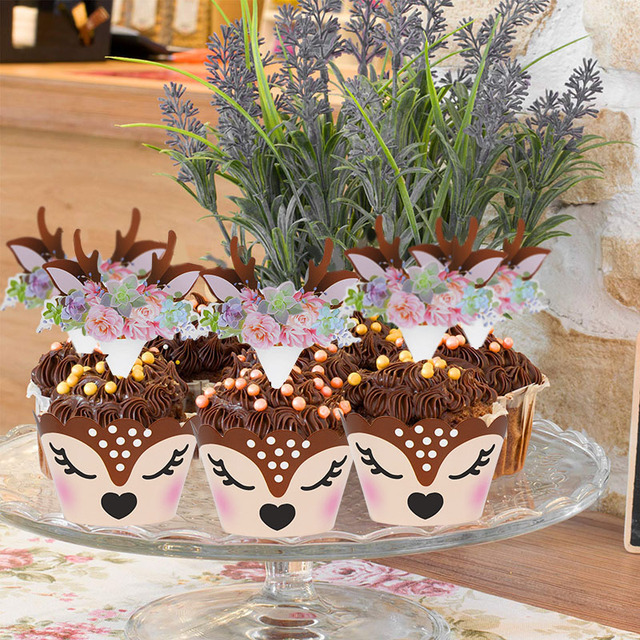 Kreatywna dekoracja na wierzch tortu 2022 - Cute Cartoon Deer Elk Cupcake Wrapper Baby Shower Christmas Party - Wianko - 4