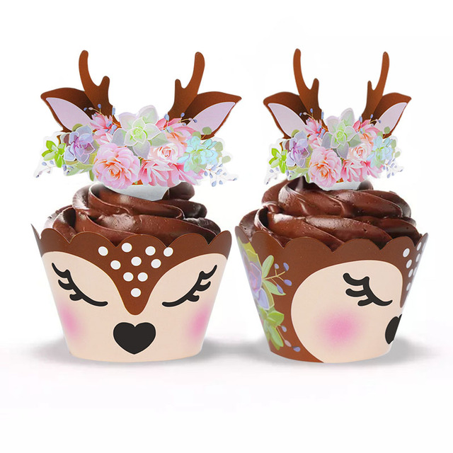 Kreatywna dekoracja na wierzch tortu 2022 - Cute Cartoon Deer Elk Cupcake Wrapper Baby Shower Christmas Party - Wianko - 12