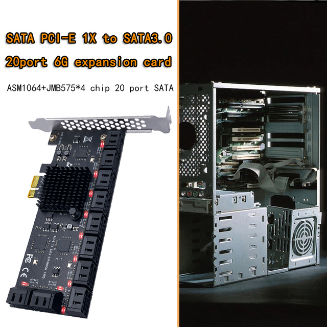 Karta rozszerzająca SATA PCIe 20-portowa z 20 kabli SATA 6 Gb/s 1X, obsługująca 20 urządzeń SATA 3.0 1X, dedykowana do Chia Mining na PCI Express - Wianko - 3