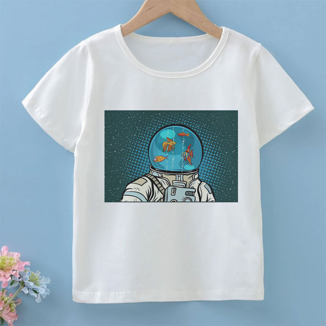 Koszulka dziecięca z krótkim rękawem i wzorem astronauty - biała, do noszenia na co dzień - Wianko - 6
